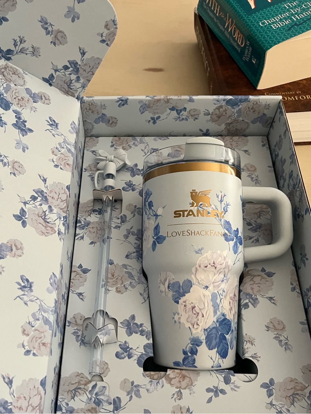 Stanley White and Blue Floral Travel Mug with Handle and Straw